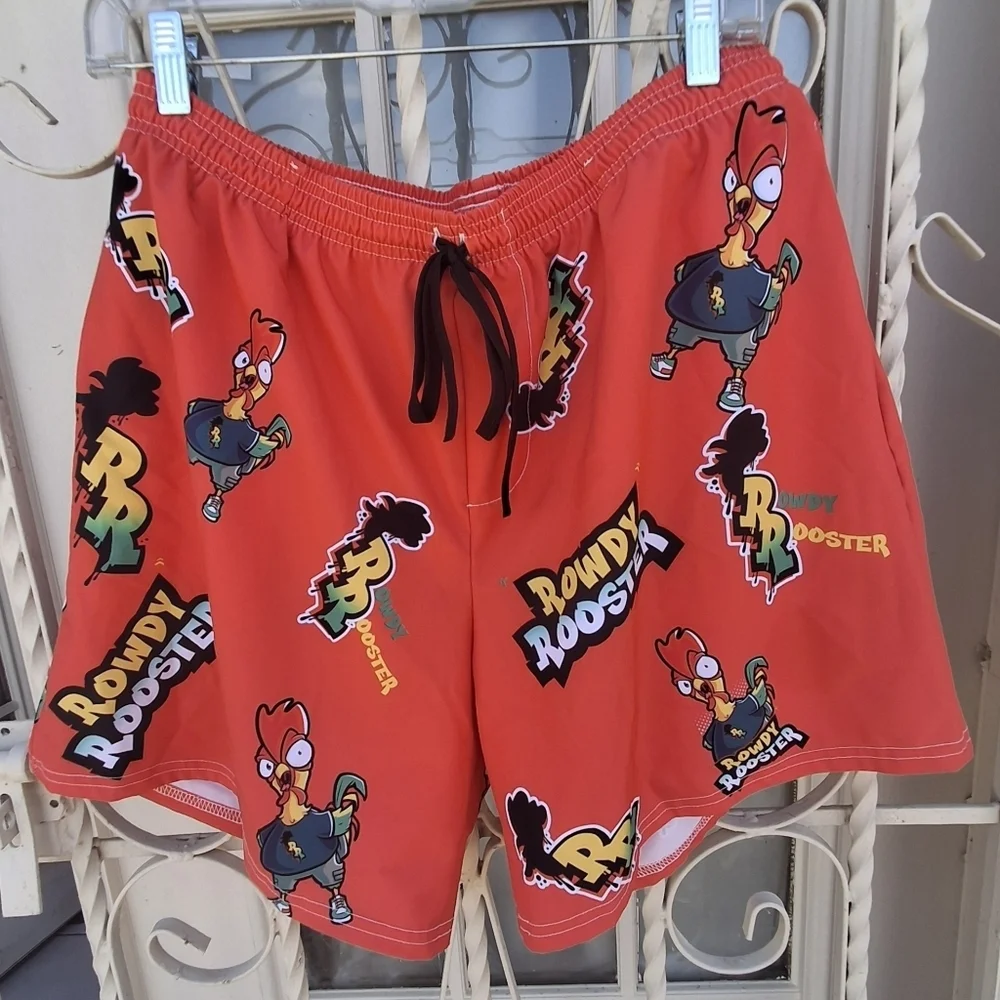 Rowdy Rooster Get Your Swim On All-Over Print Red Swim Trunks Men Size XL / 36